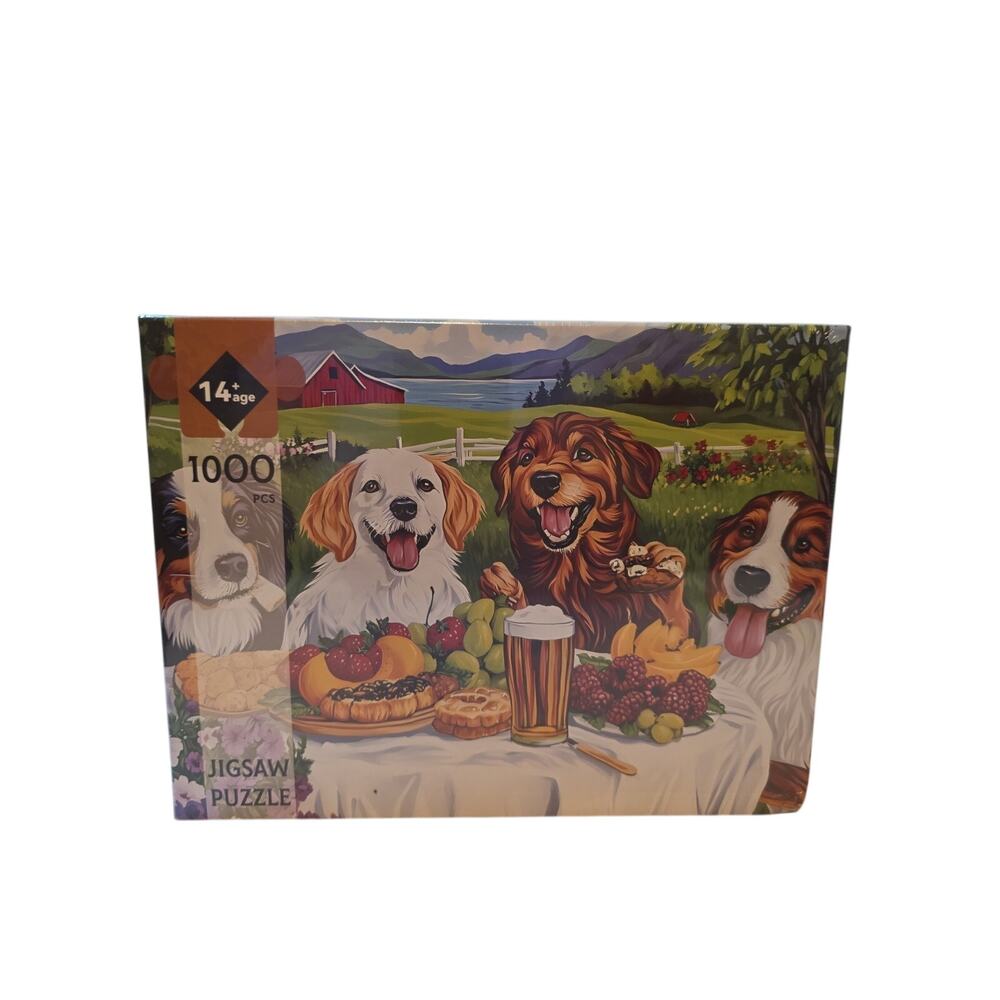 1000 Piece Jigsaw Puzzle Dogs On Farm At Lunch Fruit Beer Barn Lake Mountains